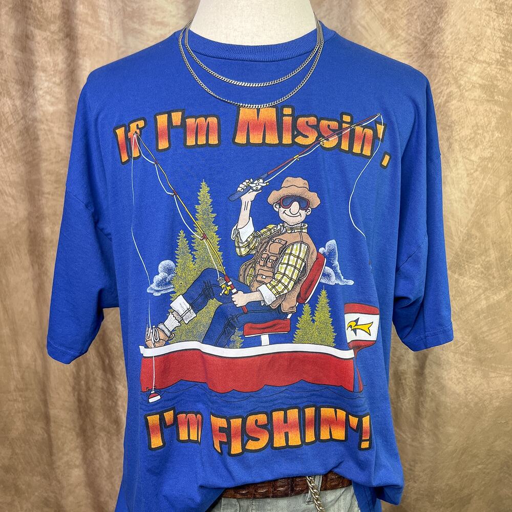 Vintage 90s Fishing T-Shirt Blue Graphic Tee Short Sleeve Outdoor Dad Funny